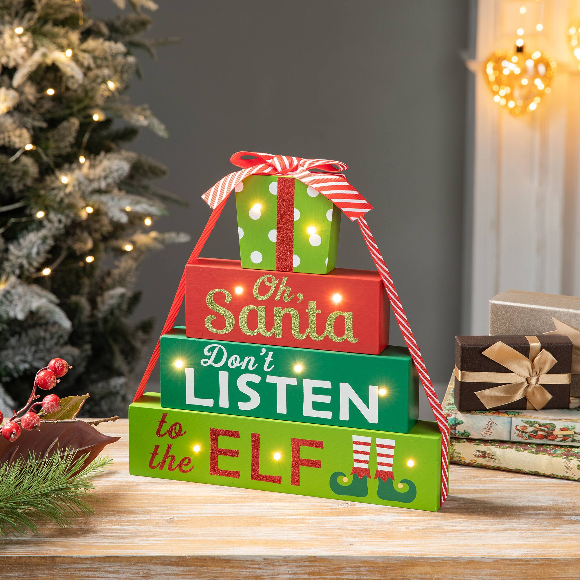 Glitzhome® 12" Lighted Wooden Christmas Gift Block Table Décor